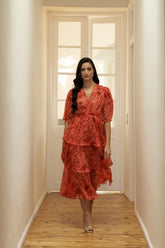 Coralia - Midi Floral Dress in Terracotta