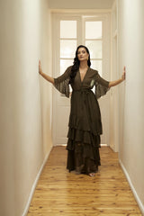 Elowen | Khaki Maxi Dress with V-Neck and Ruffles