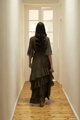Elowen | Khaki Maxi Dress with V-Neck and Ruffles